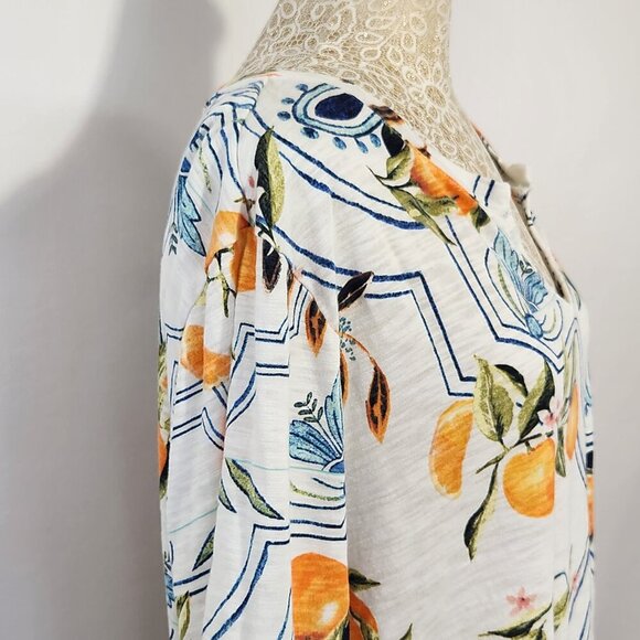 Chico's Women's Size 3/16 Tropical Print Short Sleeve Notched Neck Cotton Tee - Picture 8 of 16